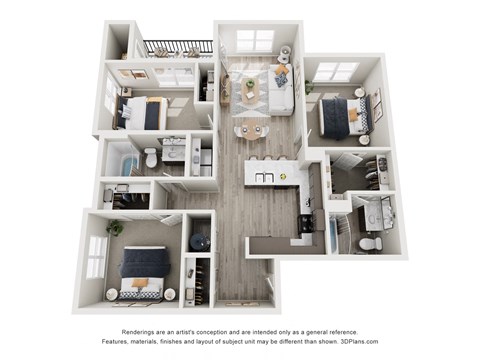 Floor plan for 3 beds, 2 baths, 1122 sqft